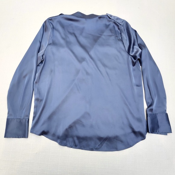 WHBM Long Sleeve Collar Pocket Shirt Button-Up in Steel Blue Satin Sz L  NWT - Picture 3 of 15
